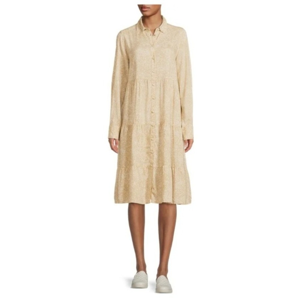 Time & Tru Beige Animal Print Button Front Midi Shirt Dress Tiered Ruffle 2XL